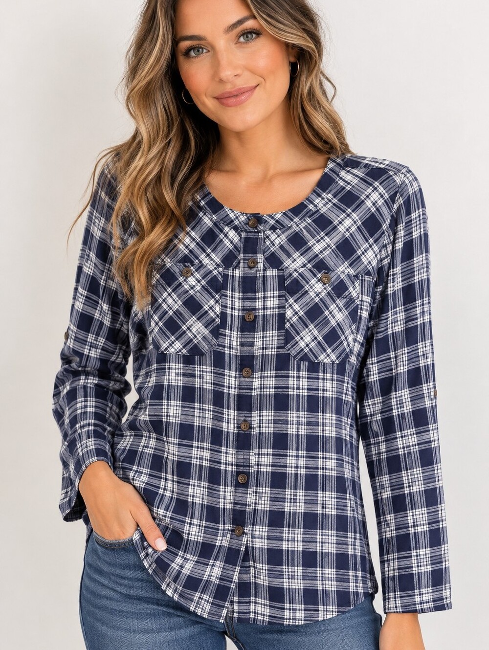 Duluth Trading Co. Plaid Flannel Cotton Blouse Size Sm Long Sleeve Blue White